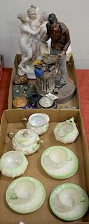 Two tray lots including seven cloisonn and enameled pieces Belleek creamer sugar cups and saucers, Michael Gorman figure.