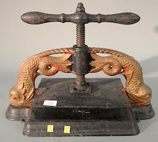 Large Victorian iron book press with dolphin supports. lg. 20in.
