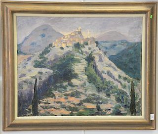 Early 20th century oil on canvas mountainous landscape with town on mountain top, unsigned, 26" x 32".