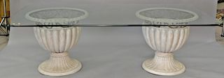 Hrendon Visage glass top dining table with double urn base, ht 29in., top. 49" x 46"