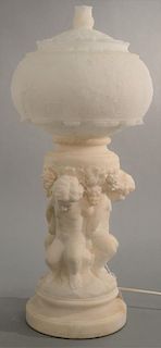 Alabaster figural table lamp having globe alabaster shade supported by three putti on round base. ht. 22in. Provenance: Prope