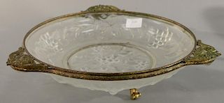 Large French center dish, frosted glass with fruit and leaf design. Mounted with bronze handles and marked France with bronze