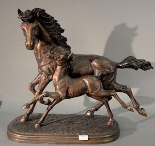 Contemporary bronze sculpture with running horse and foal, initialed T.R. on base, late 20th century.  ht. 22in., wd. 28in. P