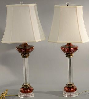 Pair of crystal and ruby flash table lamps with silk shades. ht. 33in. Provenance: Property from the Estate of Frank Perrotti