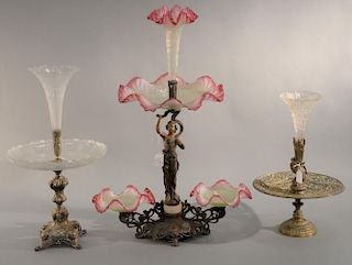 Three epergnes including Victorian epergne with brass base and pink and white art glass having three bowls and one vase (chip