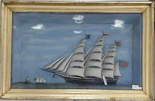 American shadow box diorama framed half hull model of large three masted ship bearing two American flags off lighthouse, sigh