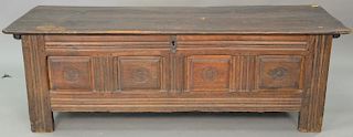 English oak lift top chest, 17th century, ht. 27 1/2in., top. 22" x 69"