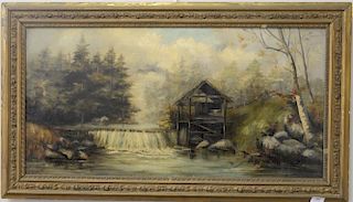 William Lester Stevens (1888-1969), oil on canvas, Dam with Old Mill, signed lower right: W. Lester Stevens, 18" x 36"