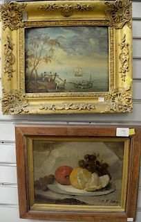 Two framed primitive (18th-19th century) paintings to include oil on canvas Ship off Shore (9 1/2" x 11 1/2") and an oil on b