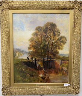 J. Harmsworth, oil on canvas, The Old Lock Near Winchester, landscape in Victorian frame, unsigned, 25.5" x 20.5".
