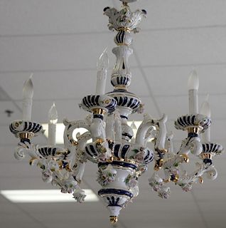 Capodimonte porcelain chandelier having six arms and hanging flower baskets. ht. 30in., wd. 25in.