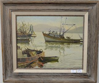 Warren Zimmer (1914-1998), oil on board, Fishing Boat pulling into Harbor, signed lower right: Zimmer 81, 18 1/2" x 22 1/2".