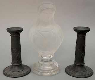 Three piece lot to include Baccarat glass bust of the Virgin Mary, having frosted glass bust over clear glass base, marked Ba