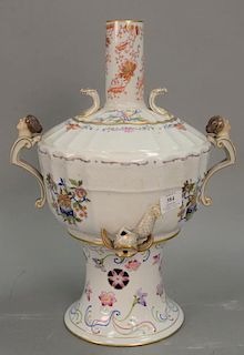 Herend porcelain tea urn in three parts, hand painted having center round body with dolphin spigot and handles mounted with f