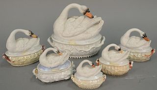 Group of five Staffordshire swans. ht. 3 1/4in. to 6 1/4in.