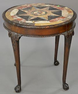 Chippendale style mahogany round table with specimen stone top. ht. 29in., dia. 29in.