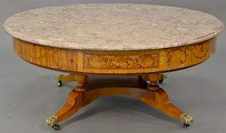 Fineberg marble top coffee table with two drawers, attributed to Fineberg, Hartford, CT. (chips in veneer). ht. 19in., dia. 4