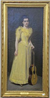 J. E. Haight, oil on canvas "Woman in Yellow", full length portrait of a woman holding a guitar, signed lower right: J.E. Hai