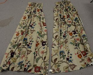 Pair of crewel embroidered drapes or curtain panels. lg. 7ft., wd. 4ft. 2in.