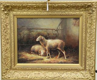 Silver, oil on board, Sheep in Barn, signed lower right: Silver, 12" x 16".