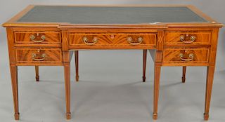 Custom mahogany federal style desk with leather top, (leather lifting in corner). ht. 29 1/2in., top. 35" x 59"