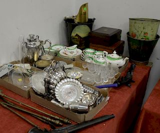 Six box lots of glass and porcelain to include Waterford porcelain coffee set, Wedgwood plates, inlaid box, humidor, three to