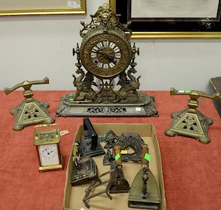 Group lot to include a French clock with winged griffins, brass carriage clock, irons, etc.