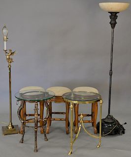 Seven piece lot to include two floor lamps (ht. 71in. & 63in.), two small glass top tables, and three bar stools (ht. 24in.).