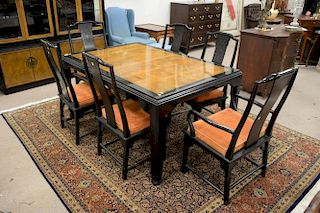 Eight piece Century Furniture Co. lot including Asian style table with two 18inch leaves, six chairs, and breakfront with gla