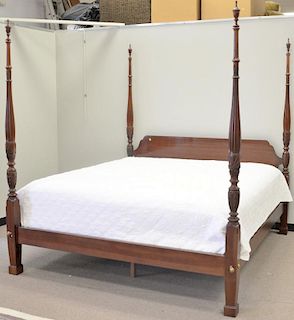 Ethan Allen king size tall four post bed, complete with mattress, box spring, bed cover, and pillows, ht. 86 1/2in.