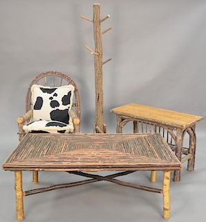 Four piece lot of Adirondack style furniture armchair, two tables (one signed K.P.H.), and a hatrack (ht. 71in.).