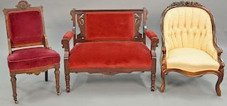 Three piece lot including Victorian ladies chair, loveseat, and side chair. loveseat: wd. 38 1/2in.
