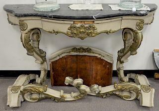 Pair of marble top Louis XV style console tables (as is, one in pieces. ht. 33in., wd. 56in., dp. 18 1/2in.