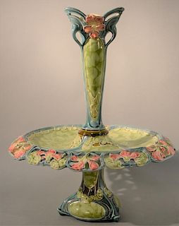 Art Nouveau Majolica epergne with vase. ht. 20in., dia. 15 1/2in. Provenance: Property from the Estate of Frank Perrotti Jr.