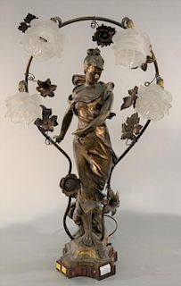 Art nouveau figural lamp with four floral frosted glass shades. ht. 30 1/2in. Provenance: Property from the Estate of Frank P