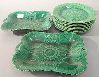 Ten piece Wedgwood Majolica lot with eight plates and two platters (lg. 11in.).