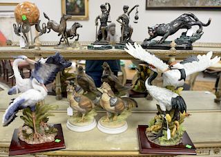 Nine piece lot to include a pair of Boulton porcelain grouse, pair of cranes, metal leopard and horse figures, a pair of cont