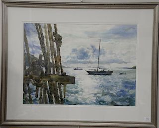 M. Hurlimann Armstrong (fl. 20th century), watercolor on paper, Untitled (View from a Sailboat), matted and farmed, signed lo