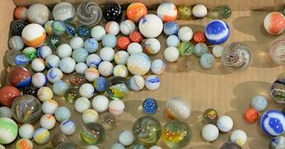 Large tray lot of antique marbles, swirl. Provenance: Property from the Estate of Arthur C. Pinto MD