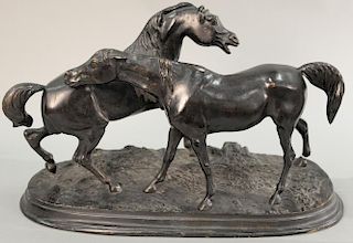 After Pierre Jules PJ Mene (1810-1879) bronze Horses L'accolade, figural group with two horses on oval base, signed PJ Mene,