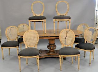 Continental style fruitwood oval table with single pedestal and eight chairs in various states of condition. ht. 29in., top: