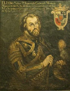Hernando Cortez, an early oil portrait of him in gilded black armor, in the style of El Greco