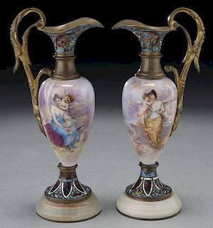 Pr. French porcelain and champleve ewers