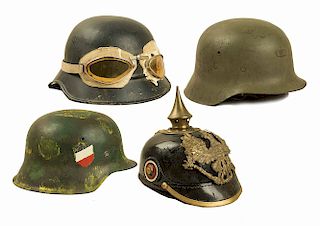 A Picklehaube and 3 German Steel Helmets