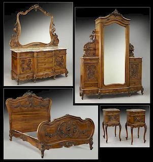 19th C. French 5pc. carved walnut bedroom set