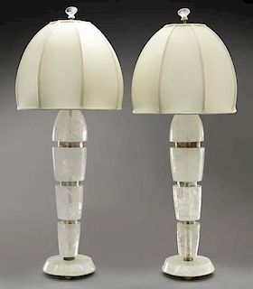 Pr. Art Deco clear and smokey rock crystal lamps,