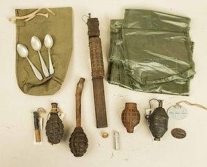 WWI and WWII inert Grenades, German Dog Tags, Mess ware, US G.I. Garand Rifle Covers,