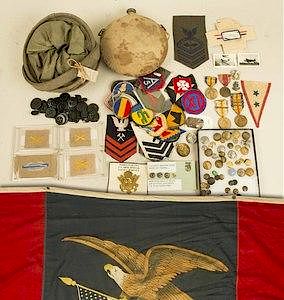 US Medals, Badges, Patches, Service Gear, and a large early Patriotic Banner w/ Painted Eagle and Shield