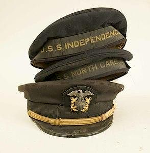 3 pre-WWI US Navy Hats, incl. USS North Carolina, USS Independence ribbons