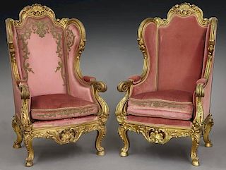 Pr. French carved and gilt thrones
